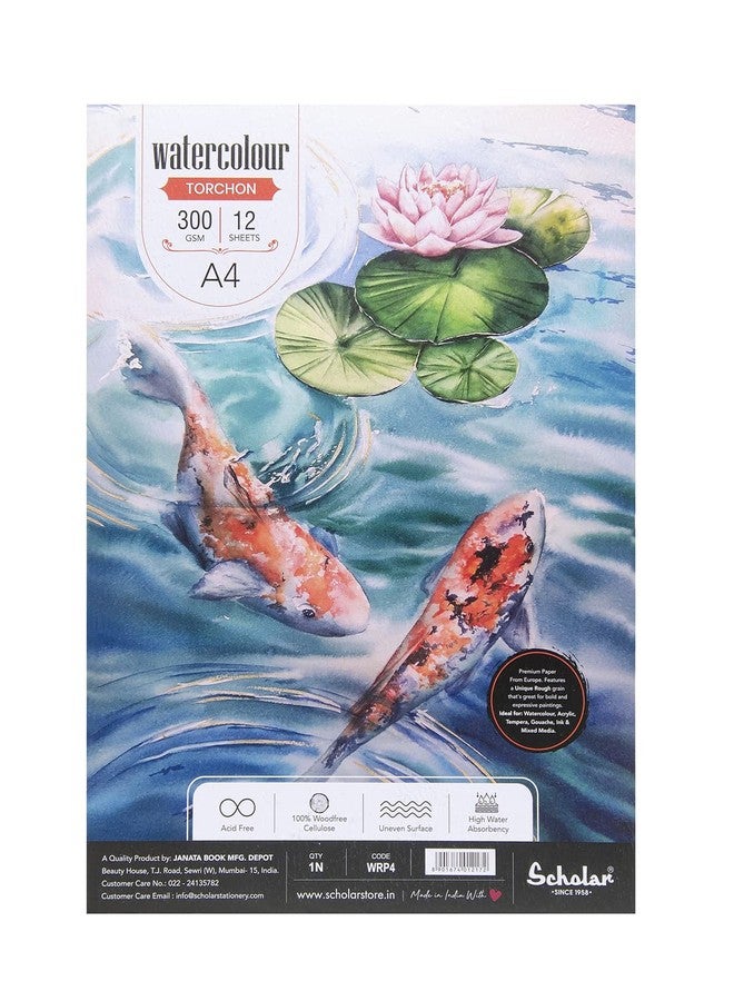 Scholar دفتر رسم ألوان مائية من نوع Scholar Watercolor Torchon (ملصق) (12 ورقة 300 جرام/متر مربع من ورق ألوان مائية خاص ذو ملمس خشن) (A4) - Image 1